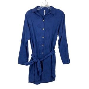 Helen Jon Bottom Down Dress Coverup long Sleeve S Navy Blue Embroidered Cotton